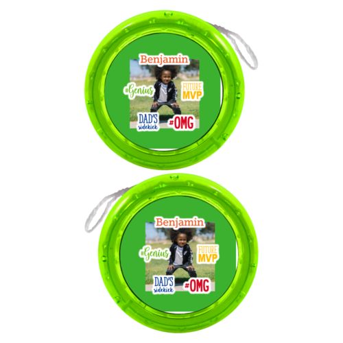 Personalized yoyo personalized with photo and the sayings "Benjamin" and "Dad's Sidekick" and "#omg" and "#Genius" and "Future MVP"