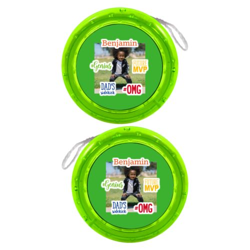 Personalized yoyo personalized with photo and the sayings "Benjamin" and "Dad's Sidekick" and "#omg" and "#Genius" and "Future MVP"