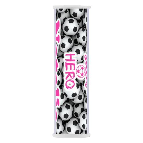 Personalized backup phone charger personalized with soccer balls pattern and the sayings "Soccer Hero" and "Natalie"
