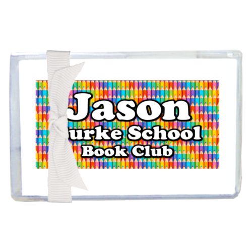 Personalized enclosure cards personalized with colored pencils pattern and the saying "Jason Burke School Book Club"