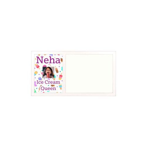 Personalized white board personalized with scoops pattern and photo and the saying "Neha Ice Cream Queen"