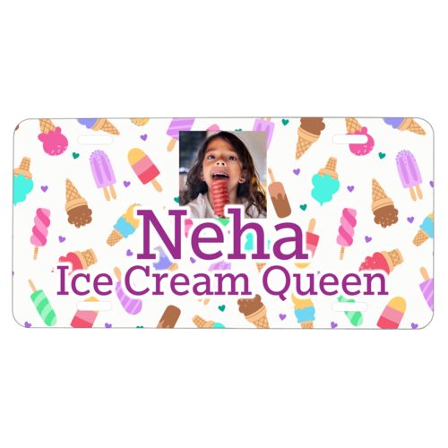 Custom license plate personalized with scoops pattern and photo and the saying "Neha Ice Cream Queen"