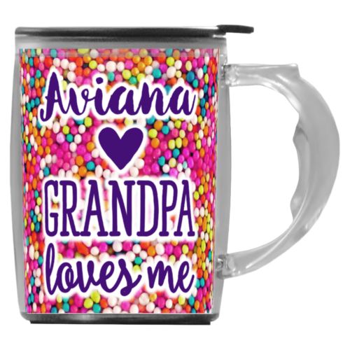 Custom mug with handle personalized with sweets sprinkle pattern and the sayings "Grandpa loves me" and "Aviana"
