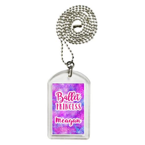 Personalized dog tag personalized with splatter paint pattern and the sayings "ballet princess" and "Meagan"