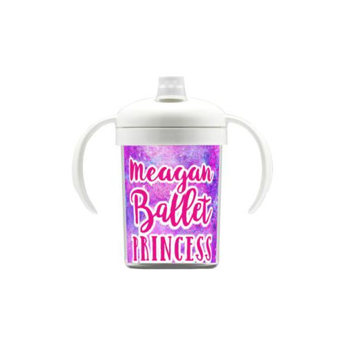 Personalized sippycup personalized with splatter paint pattern and the sayings "ballet princess" and "Meagan"