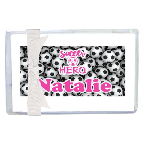 Personalized enclosure cards personalized with soccer balls pattern and the sayings "Soccer Hero" and "Natalie"