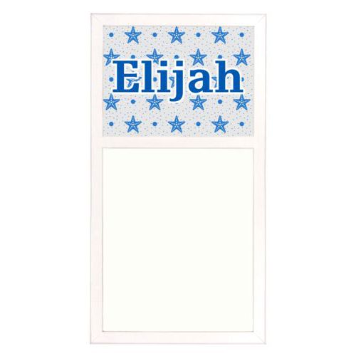 Personalized white board personalized with blue starfish pattern and the saying "Elijah"