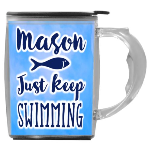 Custom mug with handle personalized with light blue cloud pattern and the sayings "Just Keep Swimming" and "Mason"