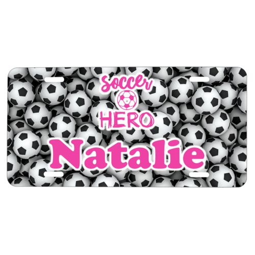 Custom license plate personalized with soccer balls pattern and the sayings "Soccer Hero" and "Natalie"