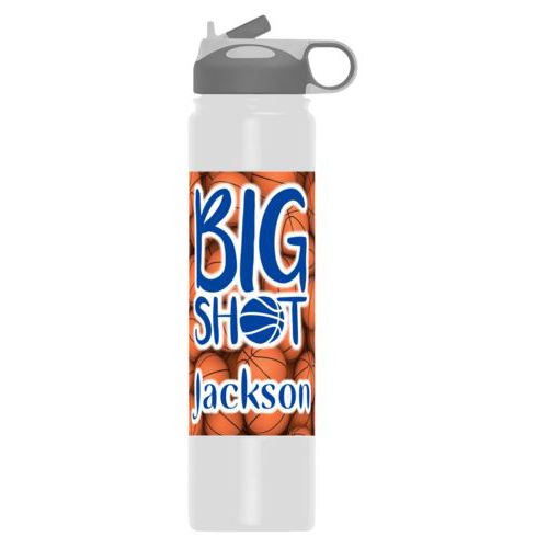 Printed water bottle personalized with basketballs pattern and the sayings "big shot" and "Jackson"