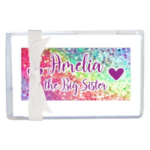 Personalized enclosure cards personalized with glitter pattern and the sayings "Amelia the Big Sister" and "Heart" and "Heart"