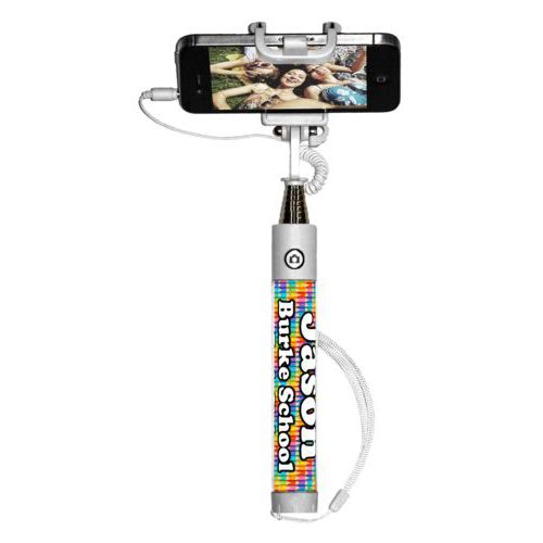 Personalized selfie stick personalized with colored pencils pattern and the saying "Jason Burke School Book Club"