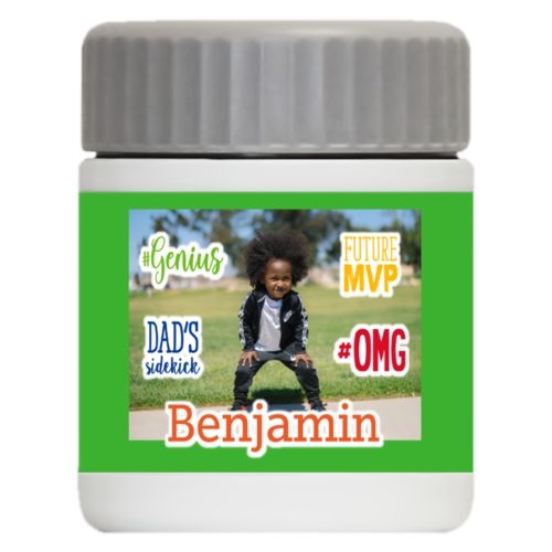 Personalized 12oz food jar personalized with photo and the sayings "Benjamin" and "Dad's Sidekick" and "#omg" and "#Genius" and "Future MVP"