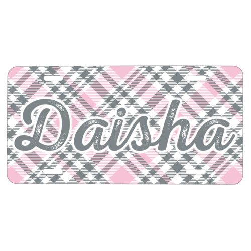 Personalized license plate personalized with tartan pattern and the saying "Daisha"