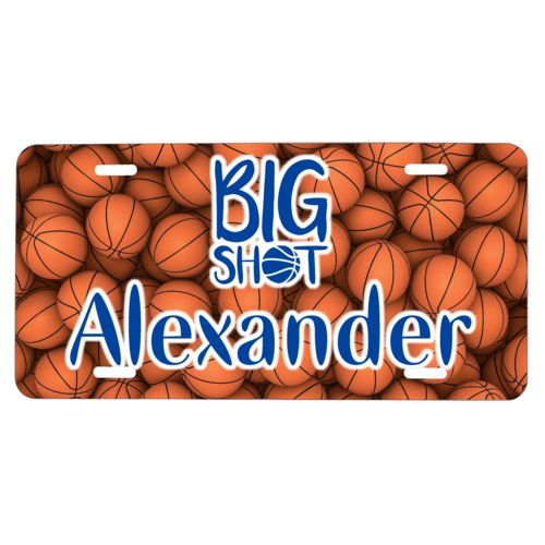 Custom license plate personalized with basketballs pattern and the sayings "big shot" and "Alexander"