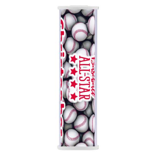 Personalized backup phone charger personalized with baseballs pattern and the sayings "baseball all-star" and "Christopher"