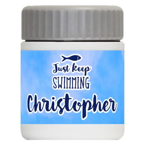 Personalized 12oz food jar personalized with light blue cloud pattern and the sayings "Just Keep Swimming" and "Christopher"