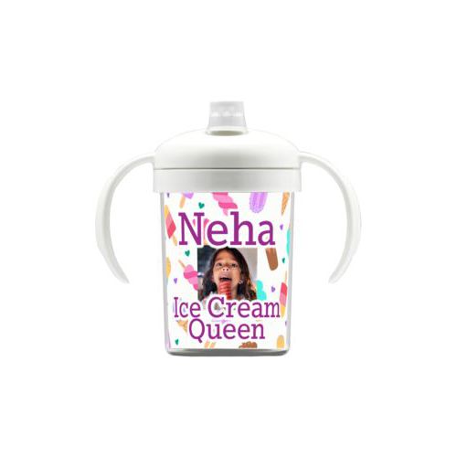 Personalized sippycup personalized with scoops pattern and photo and the saying "Neha Ice Cream Queen"