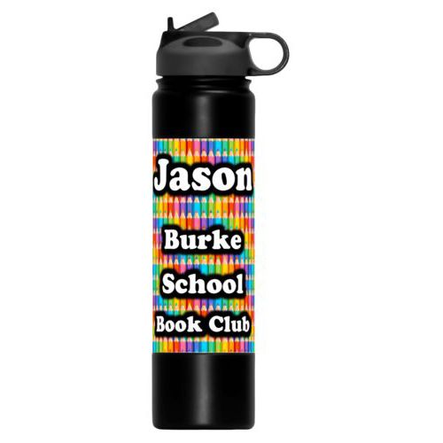 Personalized metal water bottle personalized with colored pencils pattern and the saying "Jason Burke School Book Club"