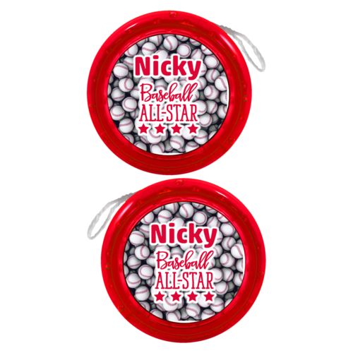 Personalized yoyo personalized with baseballs pattern and the sayings "baseball all-star" and "Nicky"