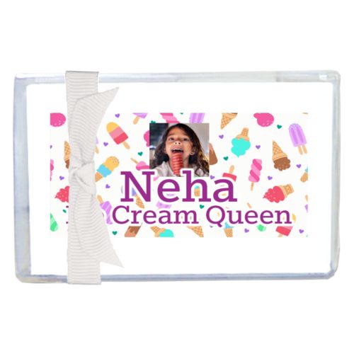 Personalized enclosure cards personalized with scoops pattern and photo and the saying "Neha Ice Cream Queen"