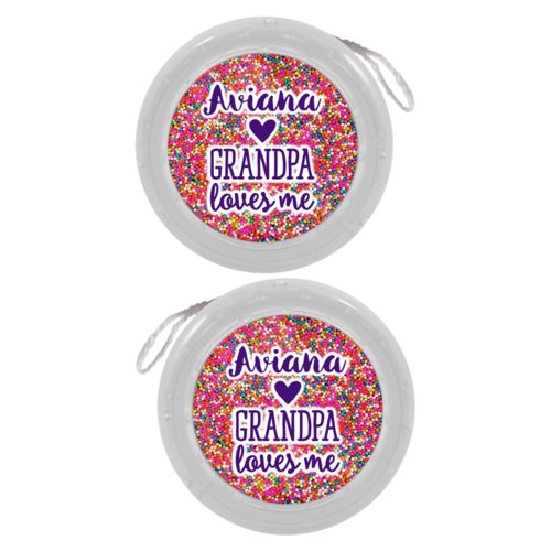 Personalized yoyo personalized with sweets sprinkle pattern and the sayings "Grandpa loves me" and "Aviana"