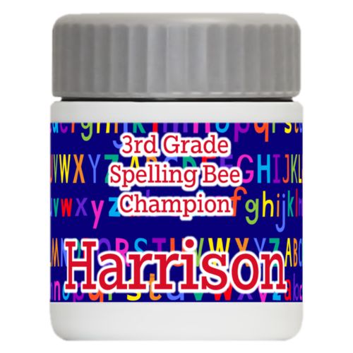 Personalized 12oz food jar personalized with alphabet pattern and the saying "3rd Grade Spelling Bee Champion Harrison"
