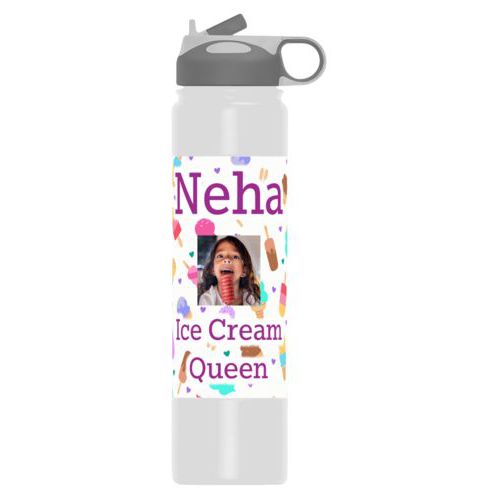 Custom stainless steel water bottle personalized with scoops pattern and photo and the saying "Neha Ice Cream Queen"