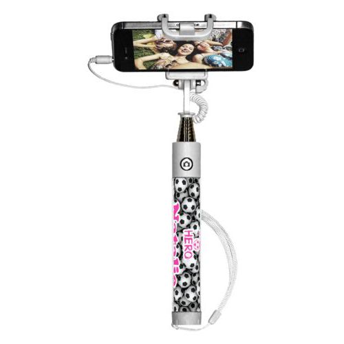 Personalized selfie stick personalized with soccer balls pattern and the sayings "Soccer Hero" and "Natalie"