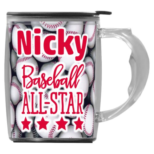 Custom mug with handle personalized with baseballs pattern and the sayings "baseball all-star" and "Nicky"