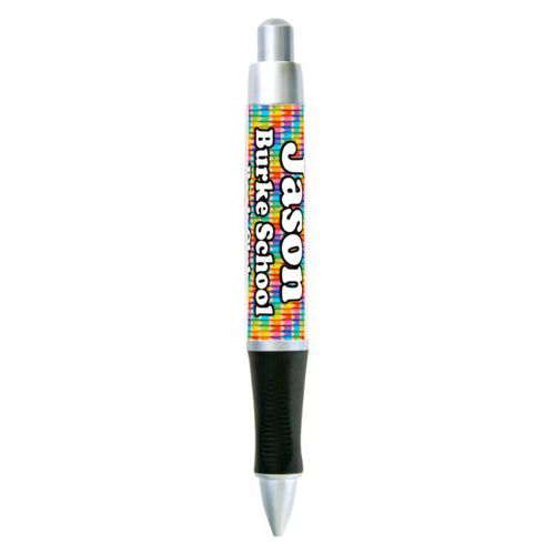 Personalized pen personalized with colored pencils pattern and the saying "Jason Burke School Book Club"