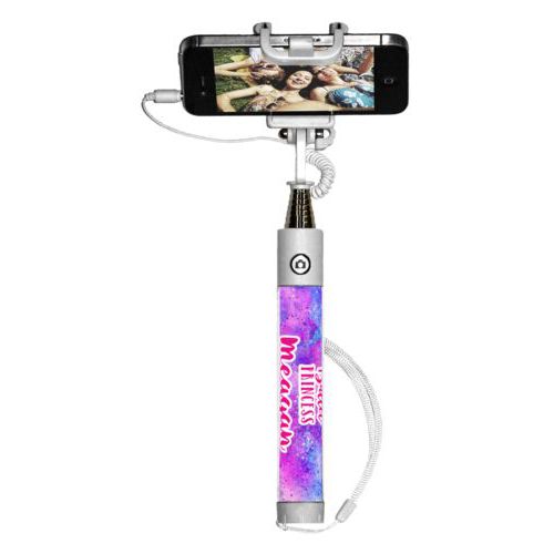 Personalized selfie stick personalized with splatter paint pattern and the sayings "ballet princess" and "Meagan"