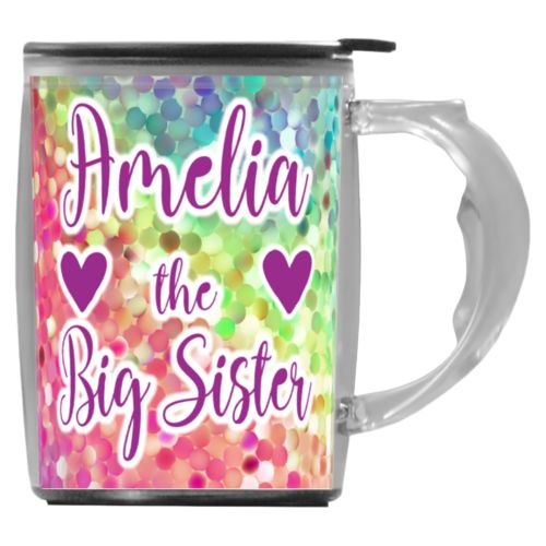 Custom mug with handle personalized with glitter pattern and the sayings "Amelia the Big Sister" and "Heart" and "Heart"