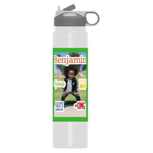 Stainless steel vacuum insulated water bottle personalized with photo and the sayings "Benjamin" and "Dad's Sidekick" and "#omg" and "#Genius" and "Future MVP"