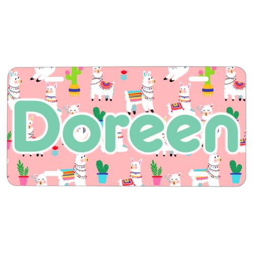 Custom license plate personalized with animals llama pattern and the saying "Doreen"