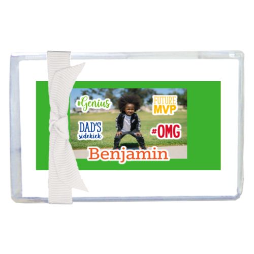Personalized enclosure cards personalized with photo and the sayings "Benjamin" and "Dad's Sidekick" and "#omg" and "#Genius" and "Future MVP"