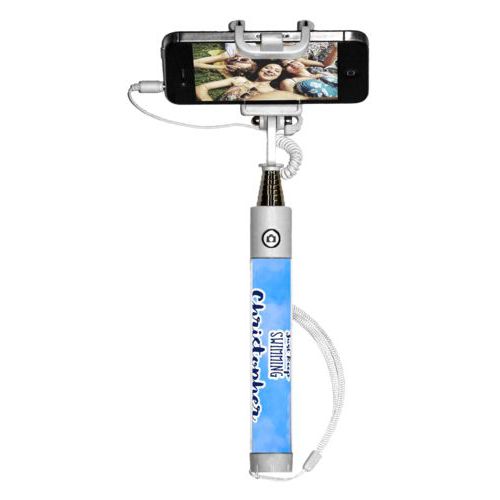 Personalized selfie stick personalized with light blue cloud pattern and the sayings "Just Keep Swimming" and "Christopher"