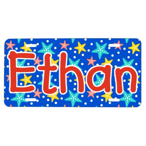 Custom car plate personalized with starfish pattern and the saying "Ethan"