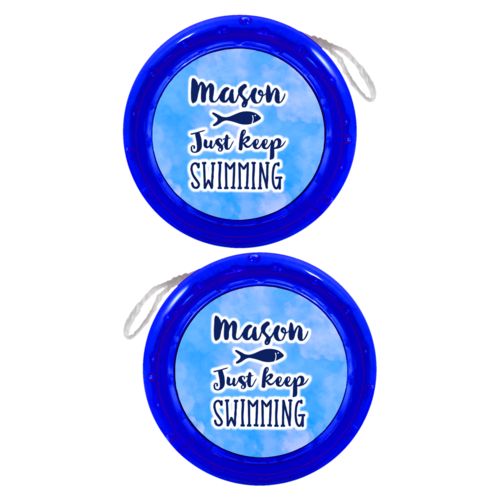 Personalized yoyo personalized with light blue cloud pattern and the sayings "Just Keep Swimming" and "Mason"