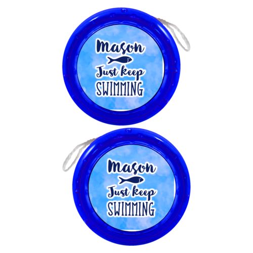 Personalized yoyo personalized with light blue cloud pattern and the sayings "Just Keep Swimming" and "Mason"