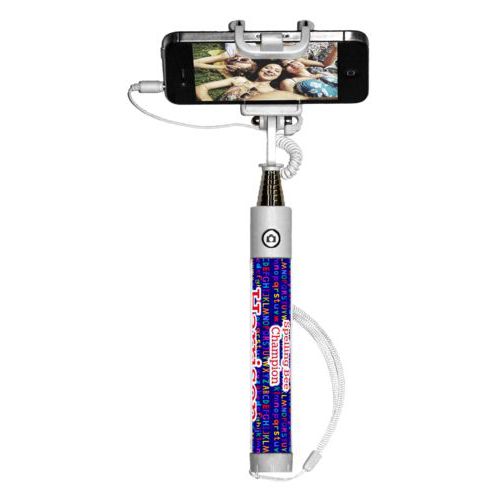 Personalized selfie stick personalized with alphabet pattern and the saying "3rd Grade Spelling Bee Champion Harrison"