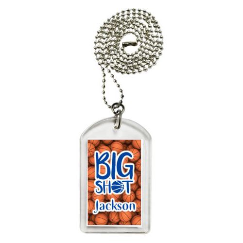 Personalized dog tag personalized with basketballs pattern and the sayings "big shot" and "Jackson"