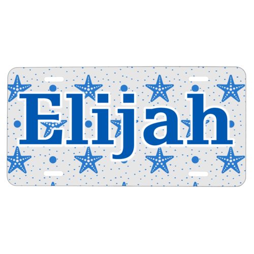 Personalized license plate personalized with blue starfish pattern and the saying "Elijah"