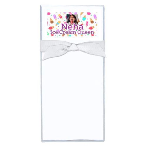 Personalized note sheets personalized with scoops pattern and photo and the saying "Neha Ice Cream Queen"