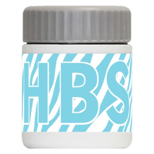 Personalized 12oz food jar personalized with zebra skin pattern and the saying "HBS"