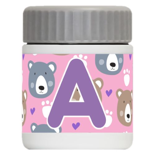 Personalized 12oz food jar personalized with bears pattern and the saying "A"