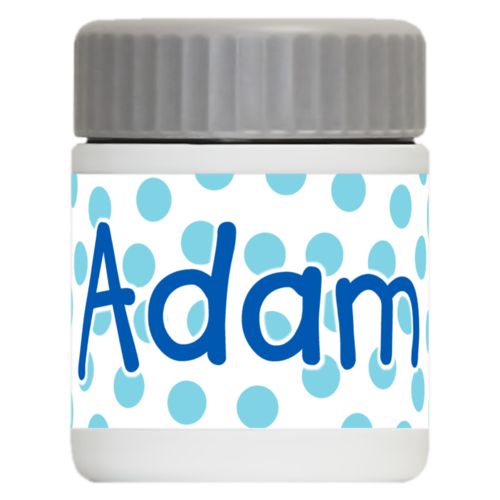 Personalized 12oz food jar personalized with dotted pattern and the saying "Adam"