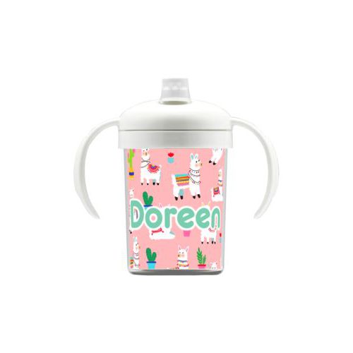 Personalized sippycup personalized with animals llama pattern and the saying "Doreen"