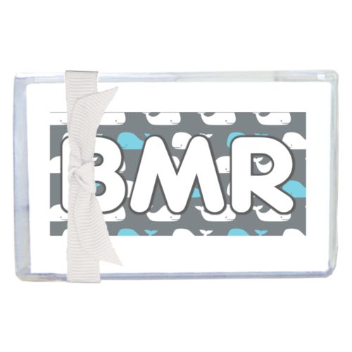 Personalized enclosure cards personalized with whales pattern and the saying "BMR"