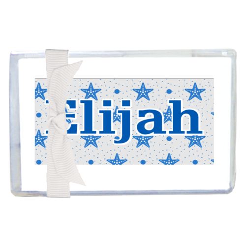 Personalized enclosure cards personalized with blue starfish pattern and the saying "Elijah"